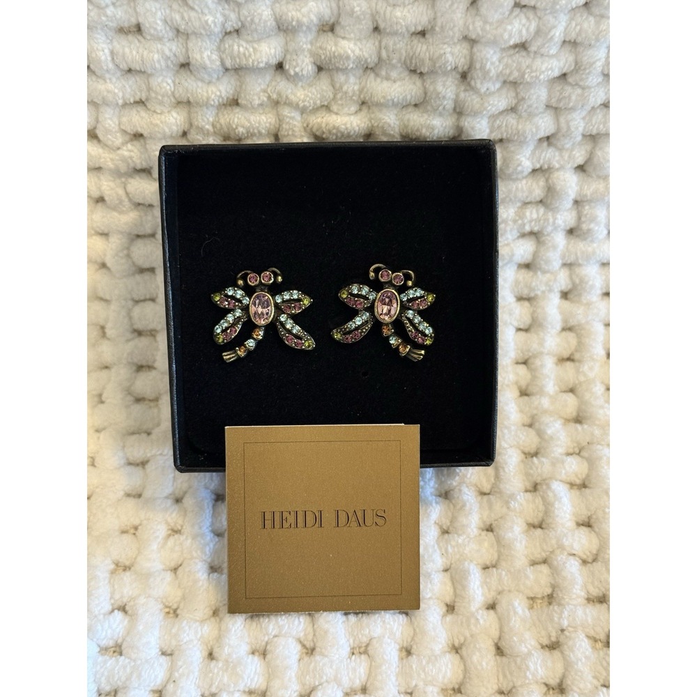 Heidi Daus Damselfly Earrings Multi-Color Crystal Insect Motif Gold Tone NIB